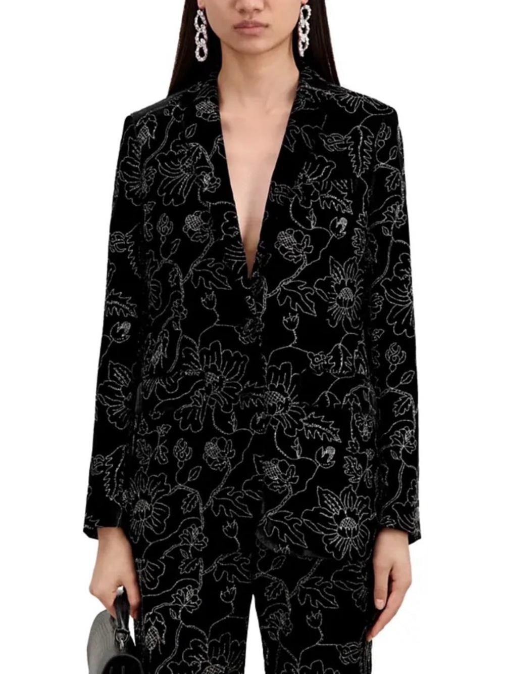 The Kooples Black Blazer with Silver Metallic Floral Embroidery